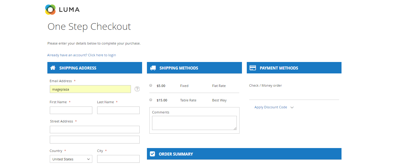 one step checkout customization