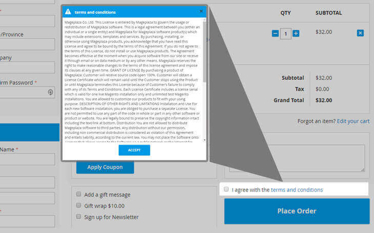 one step checkout Terms and Conditions